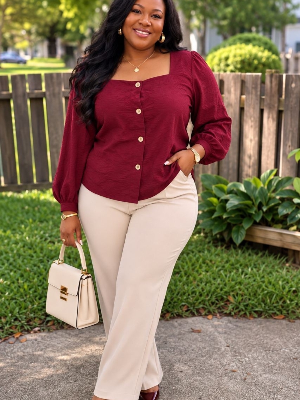 a new day Burgundy Button-Front Top with Cream Trousers